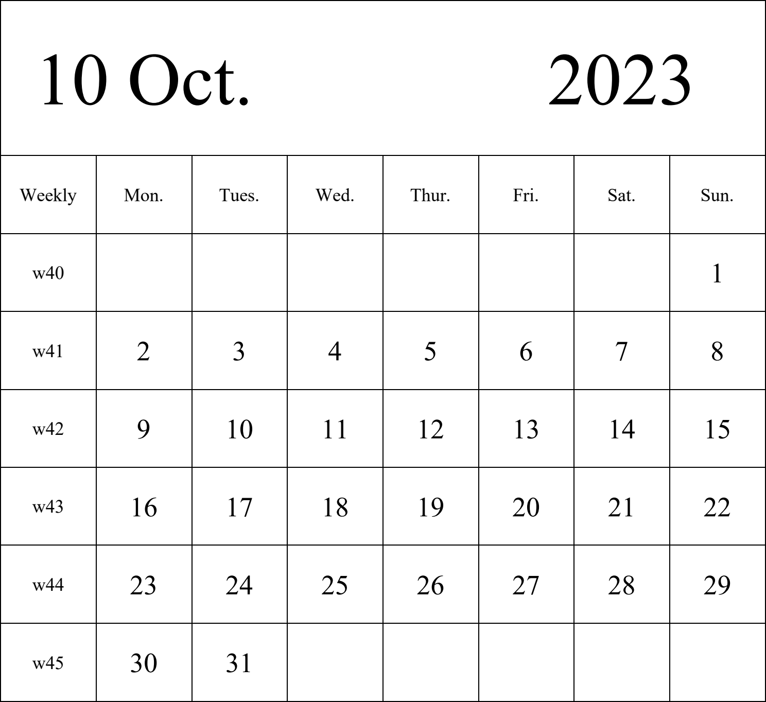 日历表2023年日历 英文版 纵向排版 周一开始 带周数